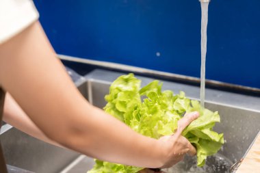 Sağlıklı beslenmek için sağlıklı salata yapan Asyalı kadın vücuda yararlı yiyecekler yiyor. Semptomları yıkamadan önce elini yıkamak, sebze yıkamak gibi temizlikle yap.