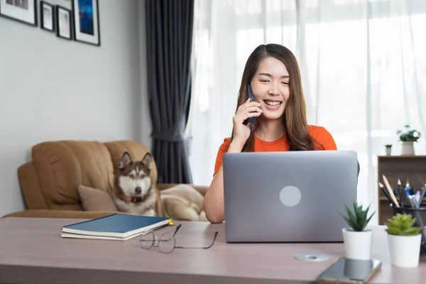 Asian woman with curly hair is working chatting with clients or colleagues via communication channels, telephone, internet with her laptop and mobile phone.