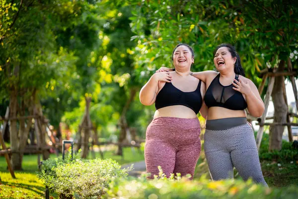 Obese Women Who Turns Exercise Take Care Health Lose Weight — Stock Photo, Image