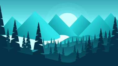 mavi dağ manzarası ve vektör duvar kağıdı, 8k, dağ ve çam ağacı ve göl üzerinde gün batımı 