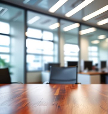 Modern ofis masası ve ahşap zemini olan boş bir konferans odası..