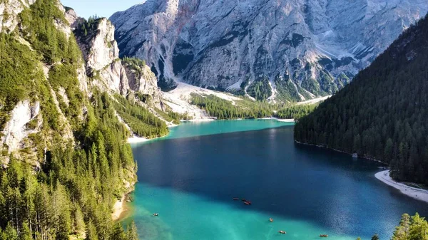 Drone Foto Lago Braies Lago Braies Pragser Wildsee Dolomites Italia — Fotografia de Stock