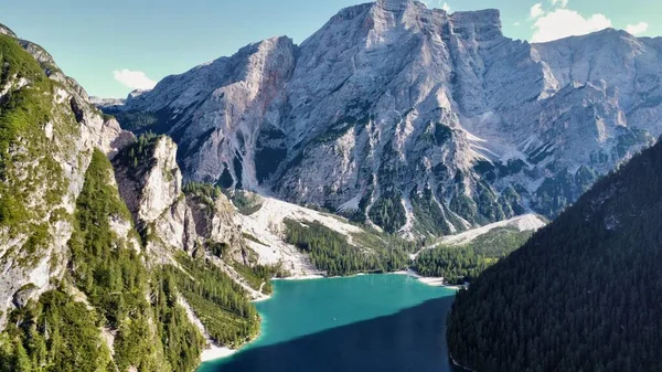 Drohnenfotos Pragser Pragser See Pragser Wildsee Dolomiten Italien Europa — Stockfoto