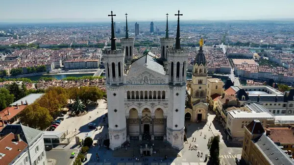 Drone Photo Basilica Notre Dame Fourviere Basilique Notre Dame Fourviere —  Fotos de Stock