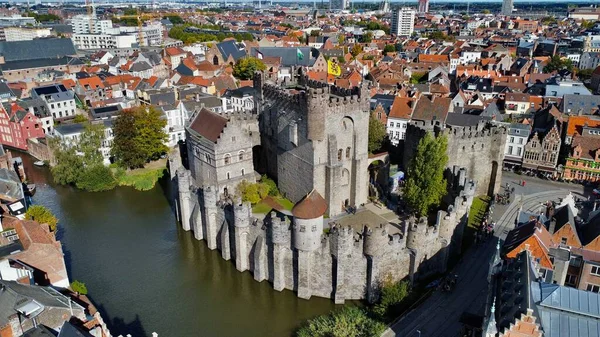 Drone Photo Château Des Comtes Flandre Gravensteen Gand Belgique Europe — Photo