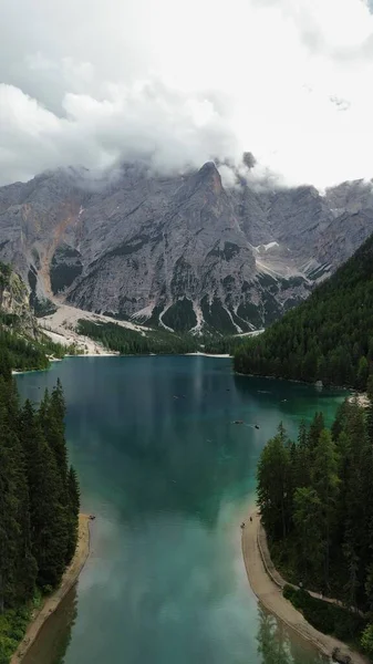 Drone Photo Braies Lake Pragser Wildsee Lago Braies Dolomites Italy — Stock Photo, Image