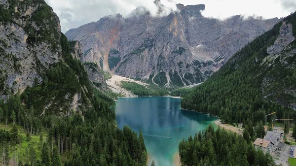 Drone Foto Braies Lago Pragser Wildsee Lago Braies Dolomitas Itália — Fotografia de Stock