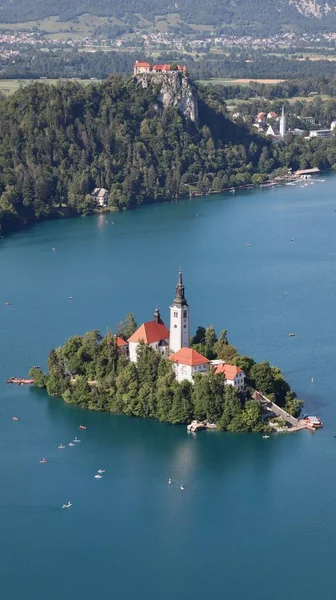 Drone Foto Lago Sanguinato Blejsko Jezero Slovenia Europe — Foto Stock