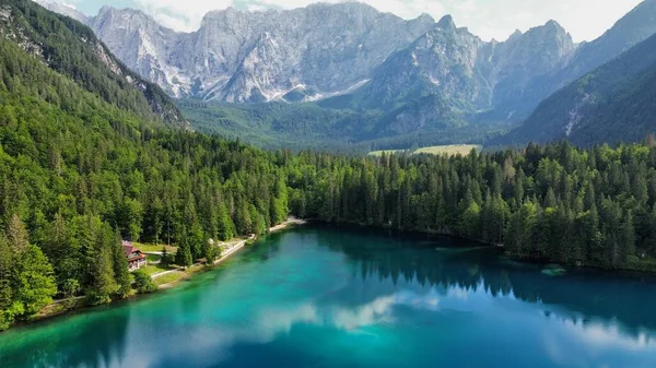 Drone Foto Fusine Lago Lago Fusine Superiore Dolomitas Itália Europa — Fotografia de Stock