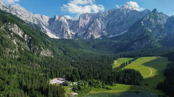 Drohnenfotos Fusine Lake Lago Fusine Dolomiten Italien Europa — Stockfoto