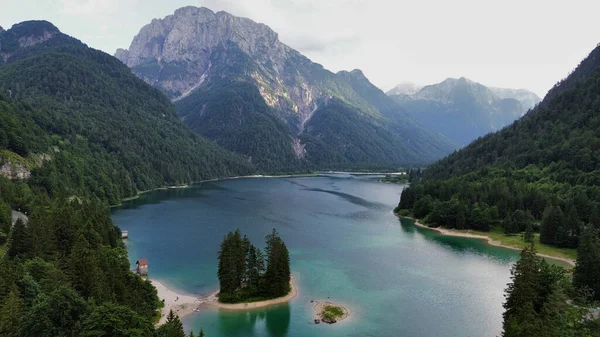 Drönare Foto Predil Sjö Lago Predil Dolomites Italy Europe — Stockfoto