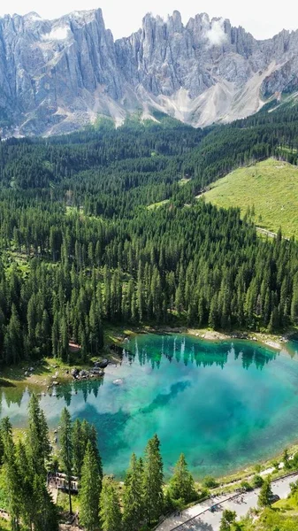 Drone Foto Carezza Meer Lago Carezza Karersee Dolomieten Italie Europa — Stockfoto