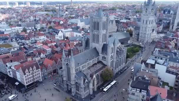 Drone Video Saint Nicolas Church Sint Niklaaskerk Ghent Belgium Europe — Stock Video