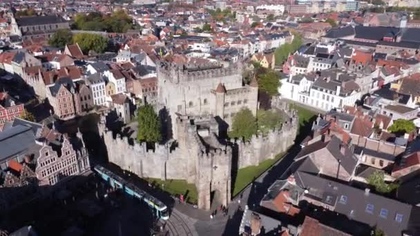 Drone Vídeo Castelo Dos Condes Flanders Gravensteen Ghent Bélgica Europa — Vídeo de Stock