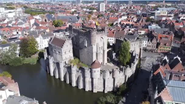 Drone Photo Castle Count Flanders Gravensteen Ghent Belgium Europe — Stock videók