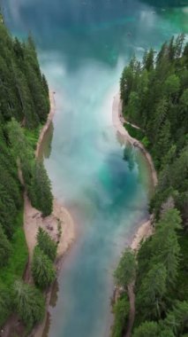 drone video Lake Braies, Lago di Braies, Pragser Wildsee dolomites italy europe