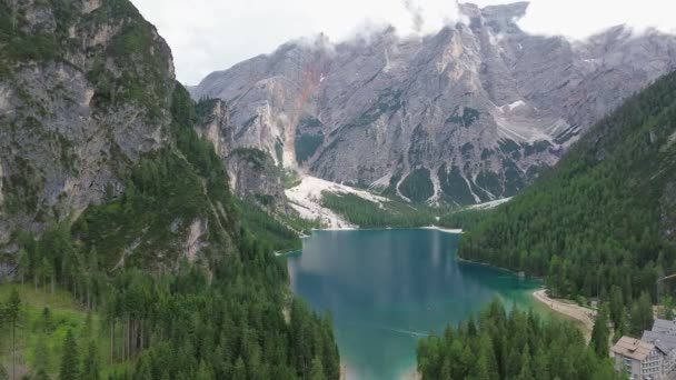 Drone Video Lake Braies Lago Braies Pragser Wildsee Dolomites Italy — Stock videók