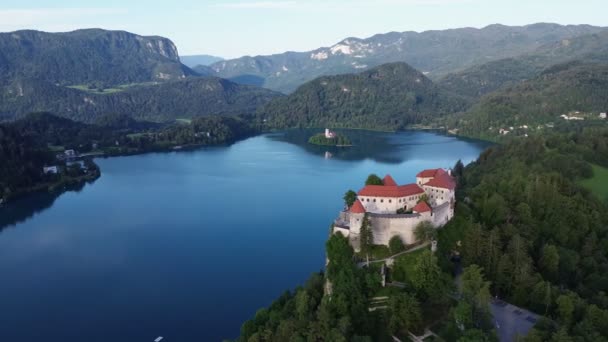Беспилотник Видео Озеро Кровоточит Blejsko Jezero Slovenia Europe — стоковое видео