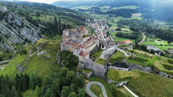 Drone Photo Joux Castle Chateau Joux Jura France Europe — Stock Photo, Image