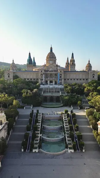 Dron Zdjęcie Montjuic National Palace Palau Nacional Montjuic Barcelona Hiszpania — Zdjęcie stockowe