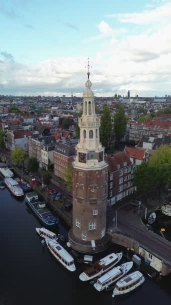 Видео Беспилотника Montelbaanstoren Amsterdam Netherlands Europe — стоковое видео