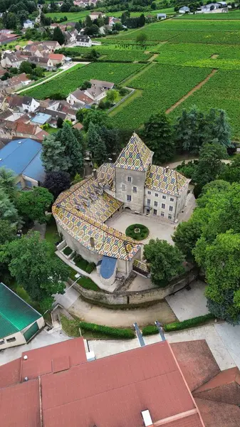 İnsansız hava aracı fotoğrafı Santenay Kalesi Fransa Avrupa