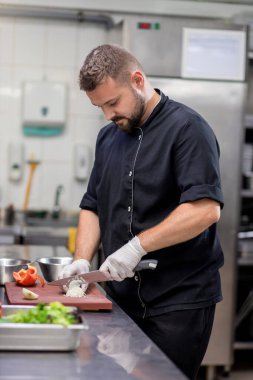 Professional chef in uniform cut fresh vegetables in kitchen. Cook man cooking delicious garnish for clients in restaurant. Culinary concept