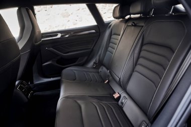 Vinnitsya, Ukraine - 14 July, 2022: Black Volkswagen Arteon R-Line leather car seats