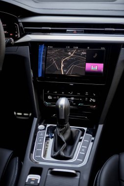 Vinnitsya, Ukraine - 14 July, 2022: Black Volkswagen Arteon R-Line automatic transmission