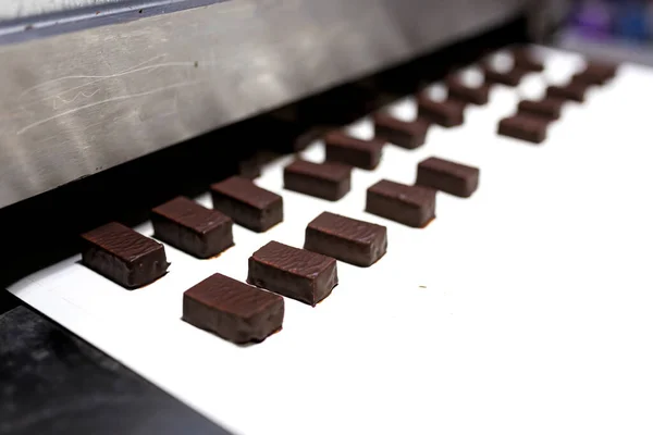 Production of chocolate candy. Sweets on conveyor belt at factory