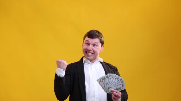 Excited Happy Businessman Holding Wad Dollars Shouting Yes Gesturing Hand — Video