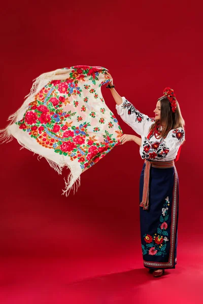 Portrait Ukrainian Woman Traditional Ethnic Clothing Floral Red Wreath Handkerchief — Stok fotoğraf
