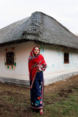 Geleneksel Ukrayna mendili, kolye ve süslü bir barakanın arkasında dikilen işlemeli elbiseli alımlı kadın. Ukrayna, tarz, halk, etnik kültür