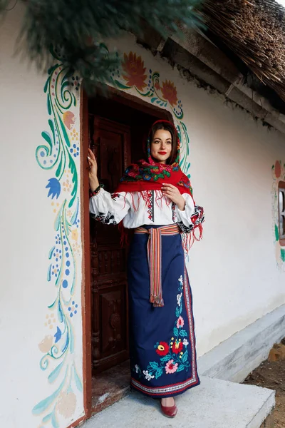Charmante Femme Souriante Mouchoir Ukrainien Traditionnel Collier Robe Brodée Debout — Photo