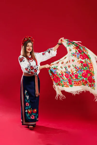 Portrait Ukrainian Woman Traditional Ethnic Clothing Floral Red Wreath Handkerchief — Stockfoto
