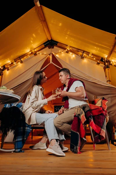 Happy Lovely Couple Relaxing Glamping Summer Evening Drinking Wine Cozy Royalty Free Stock Images