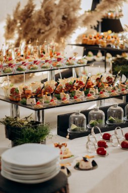 Restorandaki açık büfe şenlik masasında çeşitli atıştırmalıklar. Yemek tabağı.
