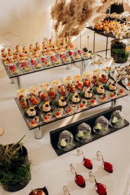 Restorandaki açık büfe şenlik masasında çeşitli atıştırmalıklar. Yemek tabağı.