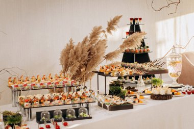 Restorandaki açık büfe şenlik masasında çeşitli atıştırmalıklar. Yemek tabağı.