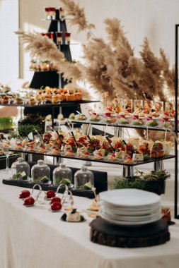 Restorandaki açık büfe şenlik masasında çeşitli atıştırmalıklar. Yemek tabağı.
