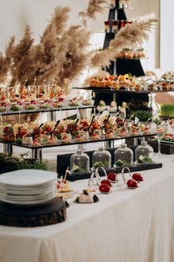 Restorandaki açık büfe şenlik masasında çeşitli atıştırmalıklar. Yemek tabağı.