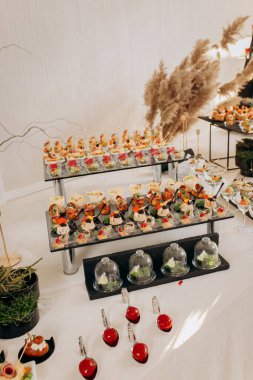 Restorandaki açık büfe şenlik masasında çeşitli atıştırmalıklar. Yemek tabağı.