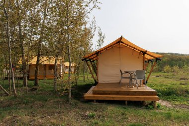 Yaz kampında içinde ışık olan rahat glamping çadırları. Yaz tatili ve tatil için kamp çadırı