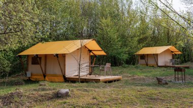 Yaz kampında içinde ışık olan rahat glamping çadırları. Yaz tatili ve tatil için kamp çadırı