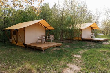 Yaz kampında içinde ışık olan rahat glamping çadırları. Yaz tatili ve tatil için kamp çadırı