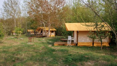 Yaz kampında içinde ışık olan rahat glamping çadırları. Yaz tatili ve tatil için kamp çadırı