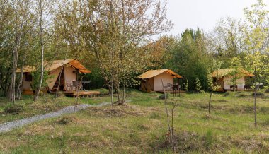 Yaz kampında içinde ışık olan rahat glamping çadırları. Yaz tatili ve tatil için kamp çadırı