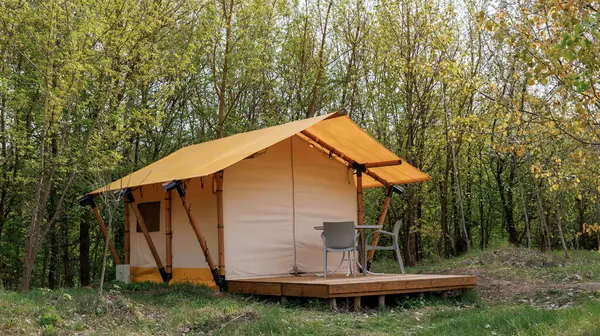 Yaz kampında içinde ışık olan rahat glamping çadırları. Yaz tatili ve tatil için kamp çadırı