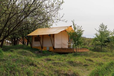 Yaz kampında içinde ışık olan rahat glamping çadırları. Yaz tatili ve tatil için kamp çadırı