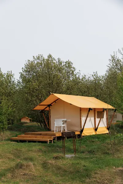 Yaz kampında içinde ışık olan rahat glamping çadırları. Yaz tatili ve tatil için kamp çadırı